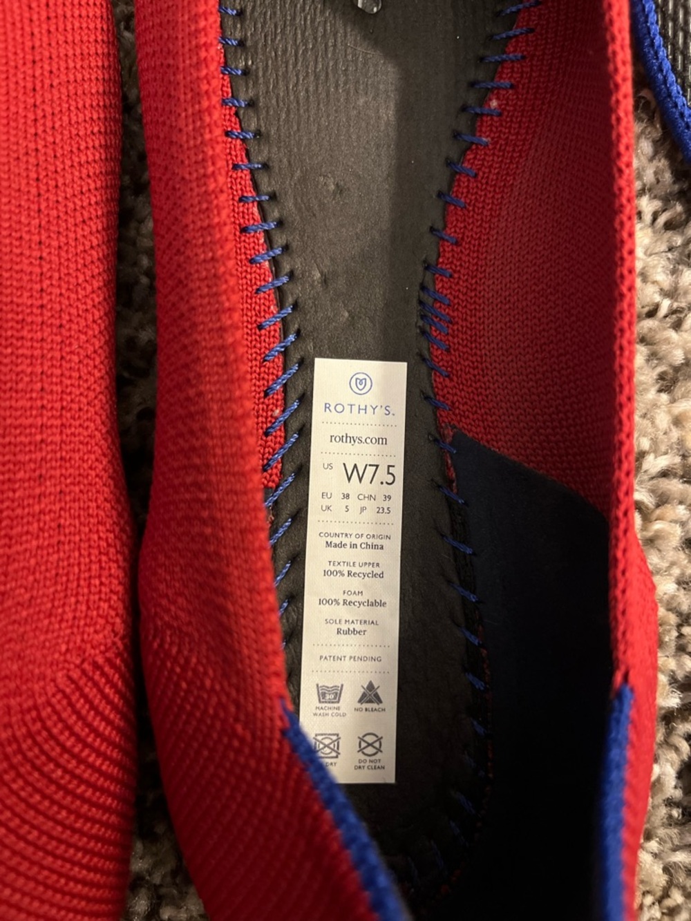 Rothy's Red Pointed Knit Ballet Flats with Blue Trim 7.5 - Picture 3 of 5